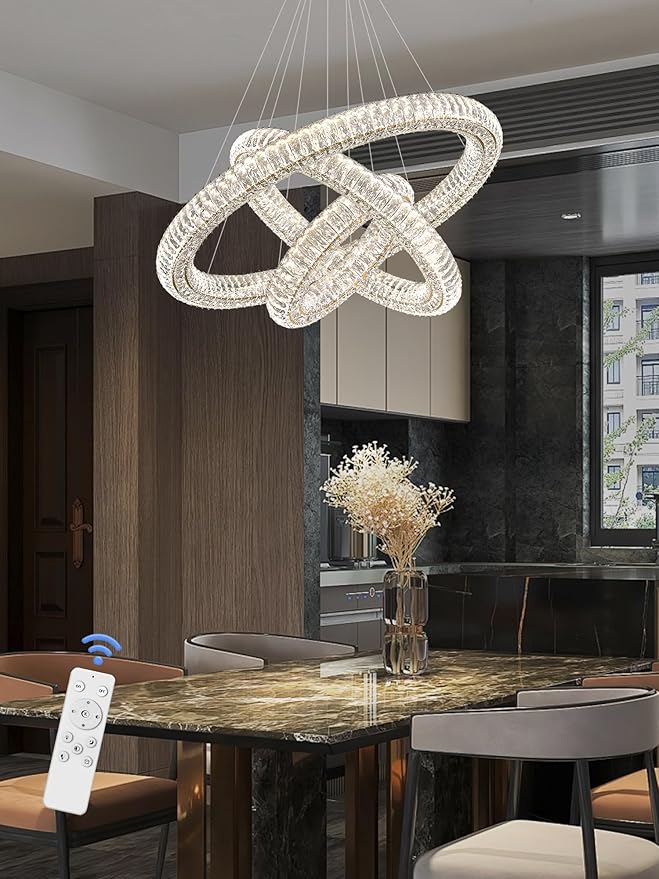 Gold 3 Rings Crystal Chandeliers for Dining Room Foyer High Ceiling 120'' Long Staircase Hanging Pendant Light D16+D24+D32 3000-6000K LED Dimmable