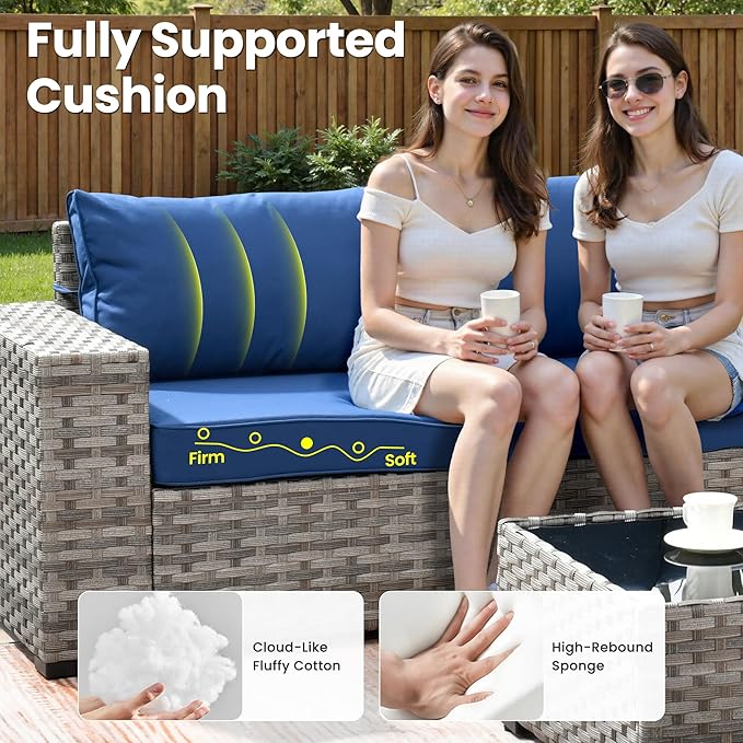 ovios 8 Pieces Patio Furniture Set, Outdoor Wicker Sectional Sofa with Swivel Chair Coffee Table, Modern Modular Deep Seat Rattan Couch Conversation Sets, Navy Blue