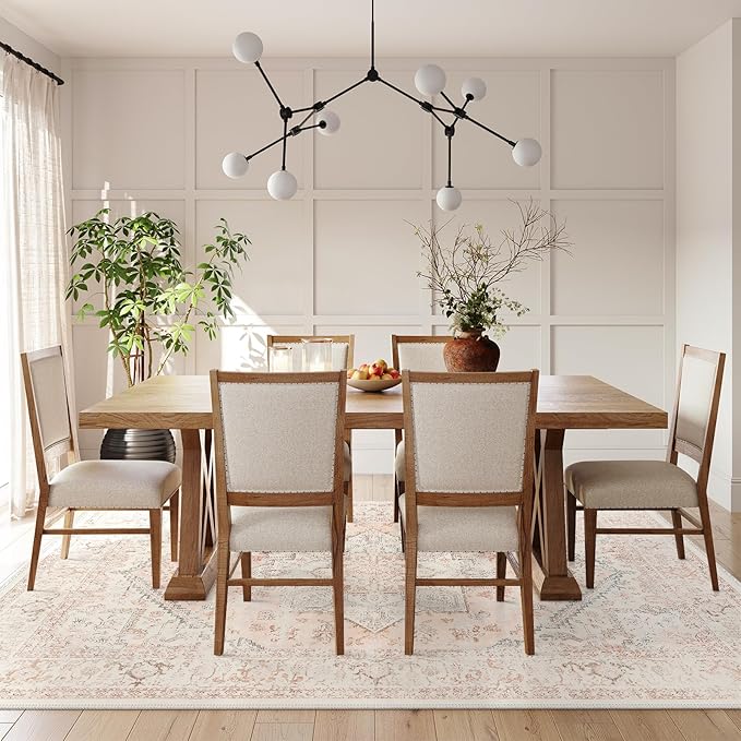 LIVEBOX Pink Area Rug 8x10 - Large Oriental Floral Living Room Rugs Accent Rug for Bedroom, Non-Slip Retro Medallion Carpet Print Distressed Rugs for Dining Room Office (Pink/Peach)