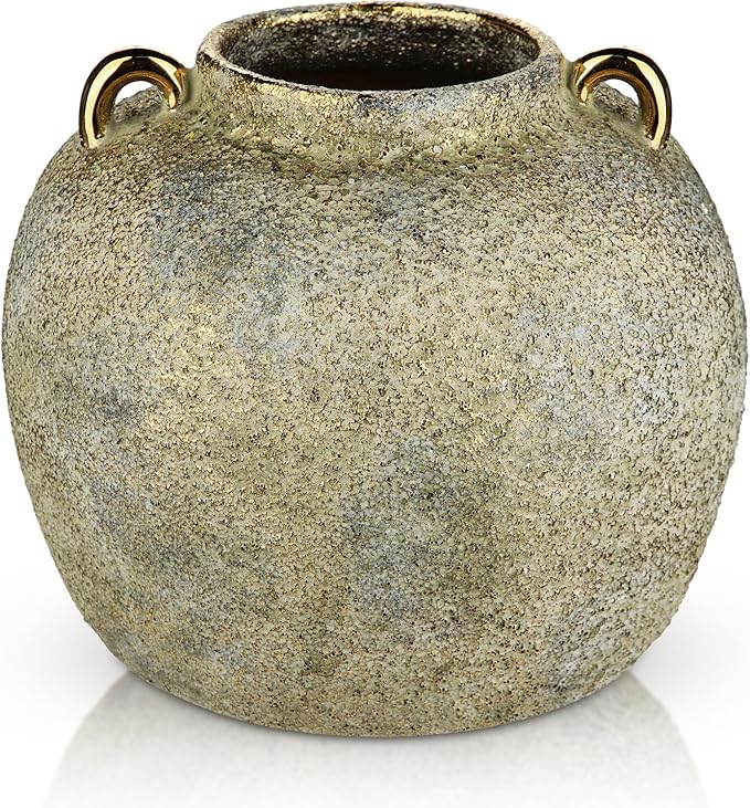 7.9" Vintage Farmhouse Vase, Rustic Ceramic Flower Vase with 2 Ears, Electroplated Terracotta Boho Vases Decor, Decorative Vases for Home Decor, Living Room, Mantel, Entryway, Wedding, Tabletop Decor