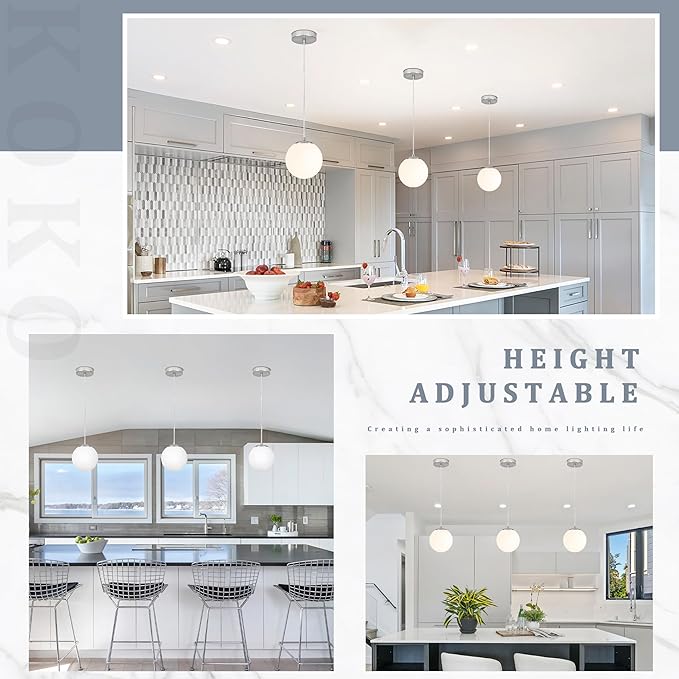 KoKo&Yukina 6 Inch Globe Pendant Light Nickel Globe Pendant Lights Kitchen Island Mid Century Light Fixture with Milky White Glass Shade for Dining Room Living Room