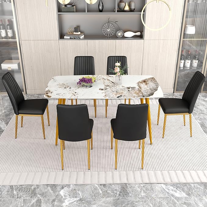 62" Marble Dining Room Table Set for 6 Rectangle Modern Dinner Table with Sintered Stone Top Golden Metal Legs Kitchen Table Chair Set for Dining Room (62" Golden+6Black Chairs)