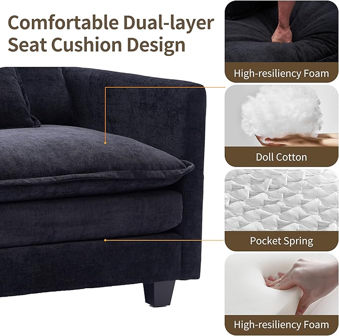 SweetGO corporation 40" Chenille Lounge Chair for Reading, Modern Couch Cozy Sofa Bed, Upholstered Living Room Single Sofa Accent Chair with Ottoman Set of 2, Black