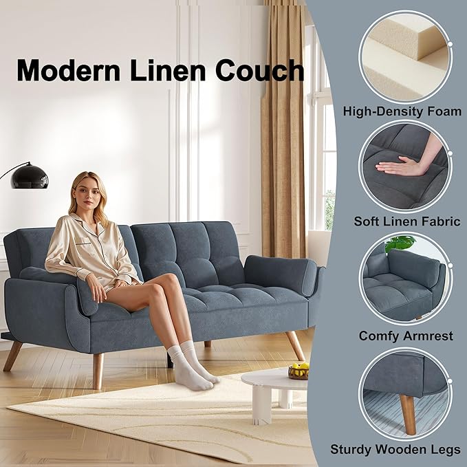 Futon Couch for Small Spaces & Apartment, 2-in-1Modern Comfy Loveseat Convertible Sofa Bed, 75.4-Inch Compact Design for Living Room, Dorms, and Studios-Dark Grey
