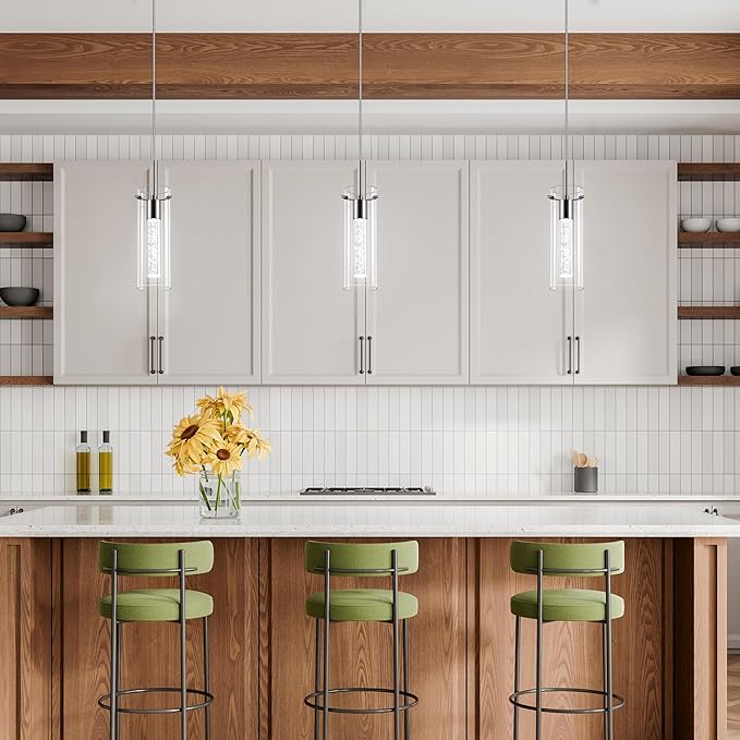 Pendant Ceiling Light Fixture, LED Kitchen Lighting Crystal Pendant Lights Kitchen Island, 1-Light Integrated Kitchen Hanging Light Fixture Modern Island Light with Bubble Glass Three Pack