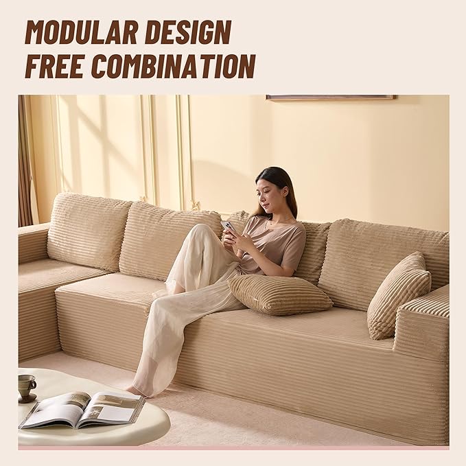 138" Boneless Couch with Deep Seat, Modular Sectional Sofa, Cloud Sectional Couch for Living Room, No Assembly Required, Corduroy, 4 Seater L-Shape Left, Camel