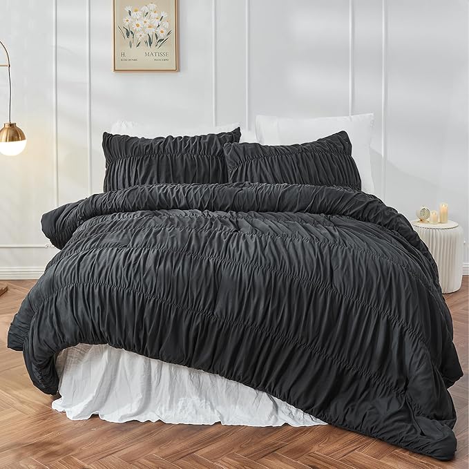 Bonlino King Size Comforter Set - Ruched Black Comforter King Bed Set Boho Shabby Chic Bedding - Fluffy 3 Piece Ruffle Comforter Set with Pillow - Soft and Luxury