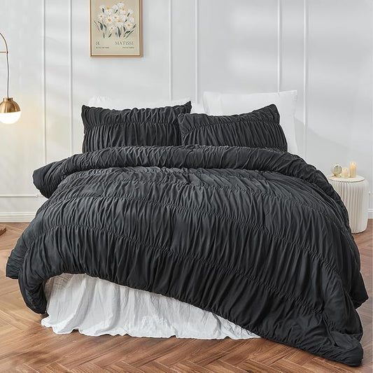 Bonlino King Size Comforter Set - Ruched Black Comforter King Bed Set Boho Shabby Chic Bedding - Fluffy 3 Piece Ruffle Comforter Set with Pillow - Soft and Luxury