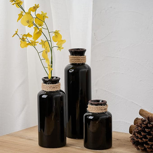 LUKA Ceramic Rustic Farmhouse Vase Set of 3,Terracotta Vases for Decor,Antique Vase for Your Bedroom,Office,Living Room,Fireplace Decor,Housewarming （10+7.5+5 Inch）