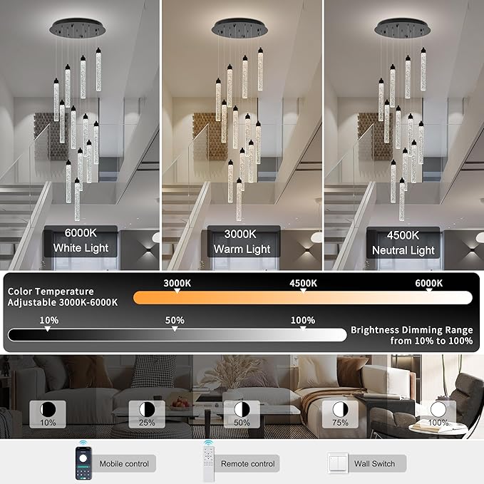 12-Lights High Ceiling Crystal Staircase Chandelier Black, Modern Spiral Raindrop Dimmable LED Bubble Cluster Ceiling Hanging Lighting Fixture for Foyer Living Room Entrance Remote Control