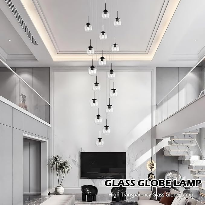 KoKo&Yukina 16-Light Black Mid Century Modern Chandelier for Living Room Staircase Chandelier for Entryway Clear Globe Glass Chandelier High Ceiling Chandeliers Foyer Entryway (Bulb & Remote Incl.)