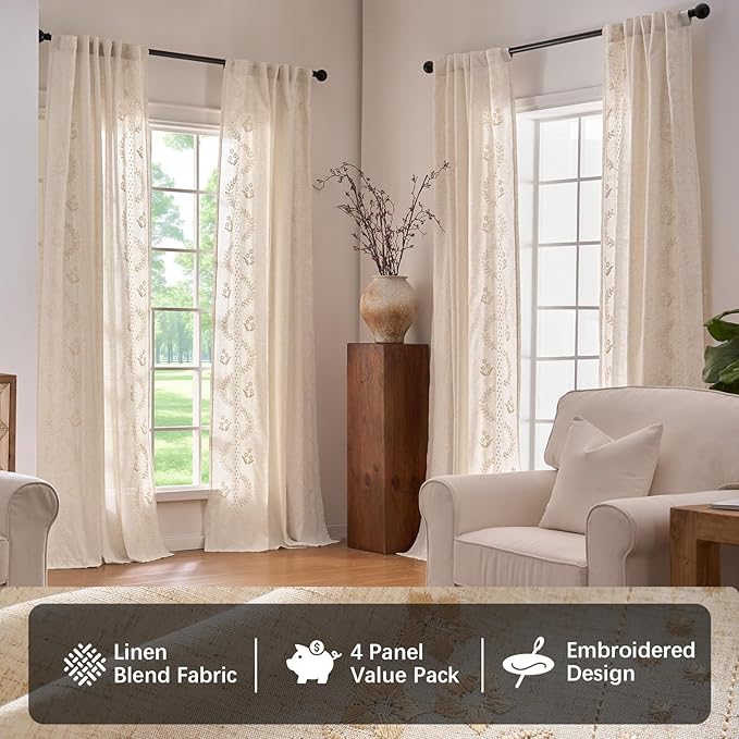 jinchan Belrose 4 Panel Curtains Set 84 Inch Length Floral Curtains Linen Blend Beige Embroidered Drapes Farmhouse Flower Patterned Drapes for Living Room Bedroom Window Treatments Set of 4