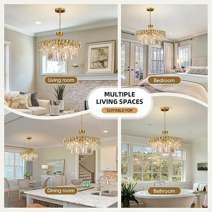 Modern Gold Round Crystal Chandelier - 23.6'' Luxury K9 Crystals Chandeliers for Dining room,3 Tier Raindrop Chandelier for Living room,Contemporary Light Fixture for Bedroom Foyer Entryway Kitchen