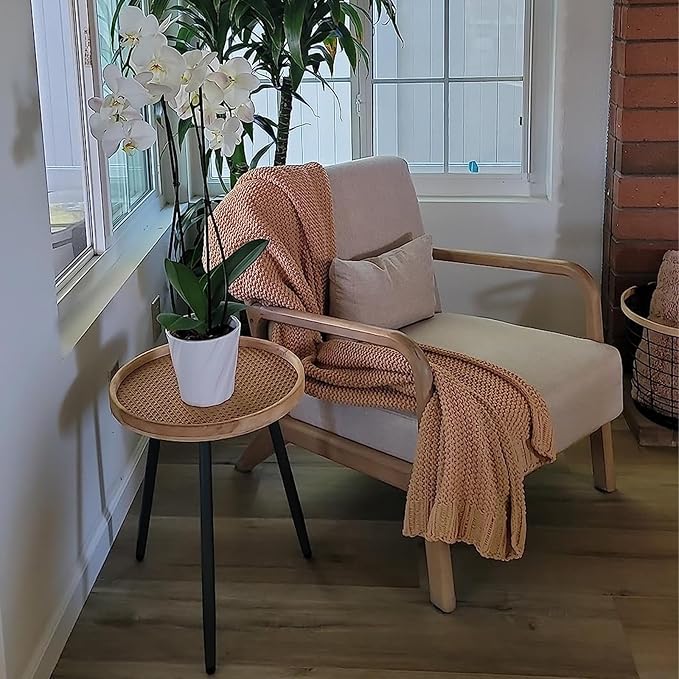 Tiita Rattan Round End Table Mental Side Table Nightstand/Small Wood Tables Accent Coffee Table with Wooden Tray for Living Room Bedroom Office Small Space