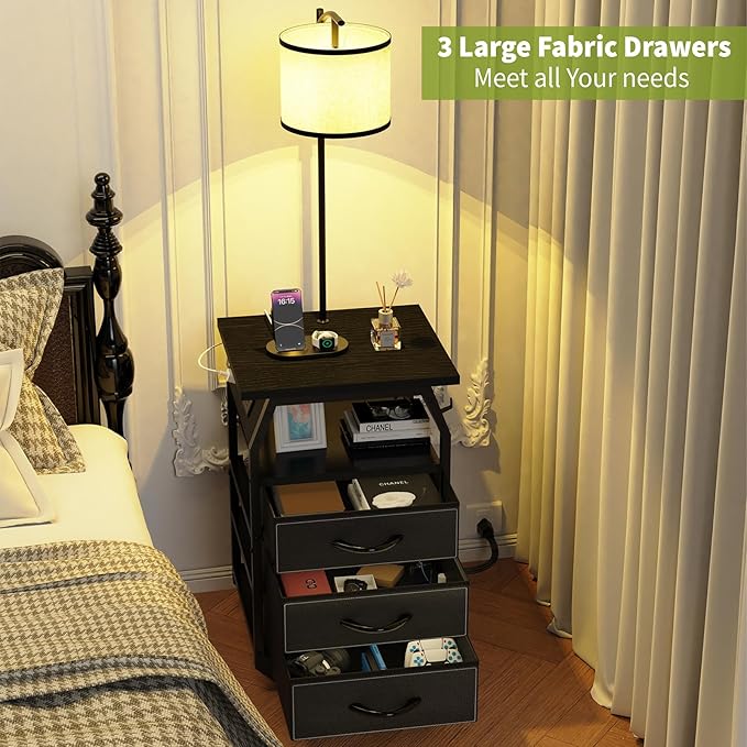 Floor Lamp with Table Set of 2, End Tables with Lamps Attached 3-Color Temperature Bulb, Side Table with Lamp with 3 Drawers & Charging, Lamps Tables Combo for Bedroom, Dorm - Black