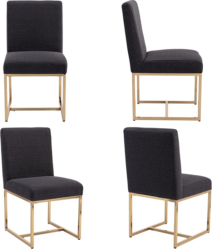 VESCASA Linen Upholstered Dining Chairs Set of 6, Mid Century Modern Padded Chair with Gold Metal Frame for Restaurant, Dining Room, Kitchen, Charcoal