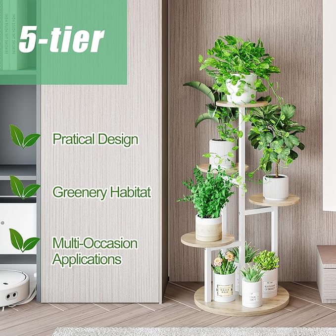 Plant Stand Indoor 5 Tier 8 Potted Multiple Flower Pot Holder for Patio Garden Balcony Living Room Corner (5 Tier White+Sonoma Oak)