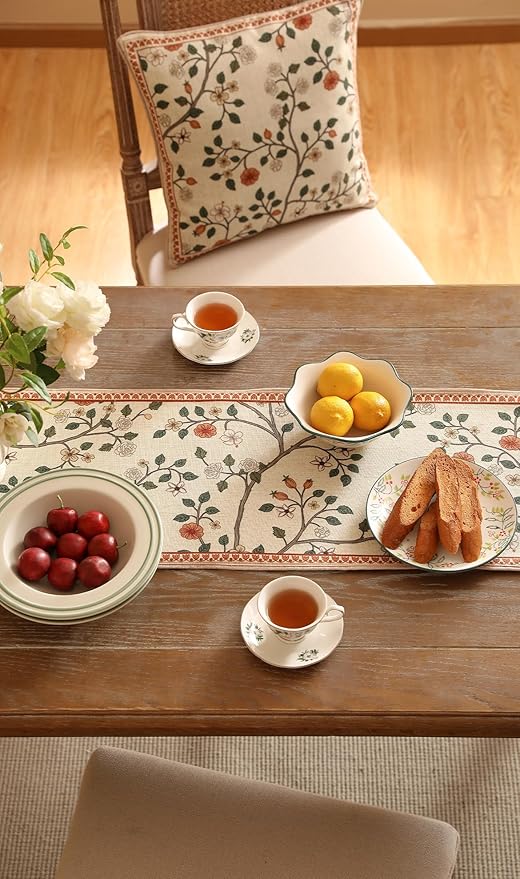 ISAENNE Designer Elegant Linen Floral Table Runner 87 Inches Long,Farmhouse Light Beige Durable Decor Table Runners for Dining Tables,Thanksgiving,Kitchen Tables,Christmas,12"*87"-Flora A