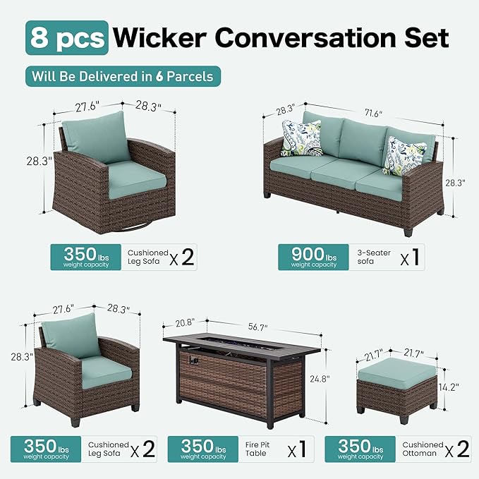 Swivel Glider Patio Furniture Set Outdoor Furniture Brown Wicker Rattan Patio Conversation Sets with Cushion Outside Sofa Set,7 Pieces with Rectangular Firepit Table,9 Seats,Blue