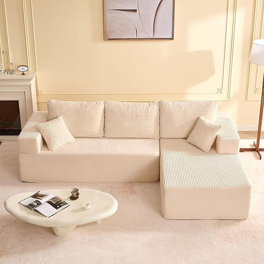 107" Boneless Couch with Deep Seat, Modular Sectional Sofa, Cloud Sectional Couch for Living Room, No Assembly Required, Corduroy, L-Shape Right，White