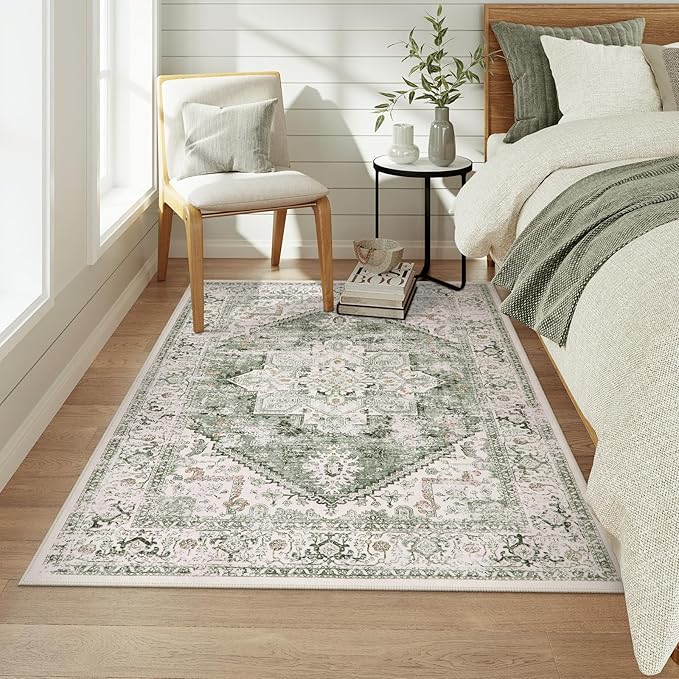 LIVEBOX Washable Area Rug 4x6 Vintage Tribal Bedroom Rugs Vintage Low-Pile Indoor Rug for Living Room, Non-Slip Retro Carpet Print Distressed Accent Carpet for Kitchen Entryway Office Camper, Sage
