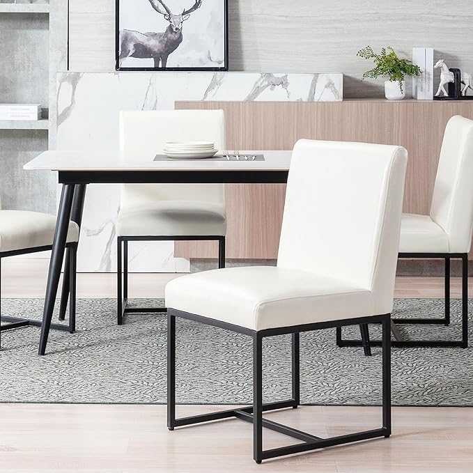 VESCASA Faux Leather Upholstered Dining Chairs with Black Metal Frame, Mid Century Modern Padded Kitchen Chair with Adjustable Foot Pads for Restaurant, Dining Room, Set of 4, White