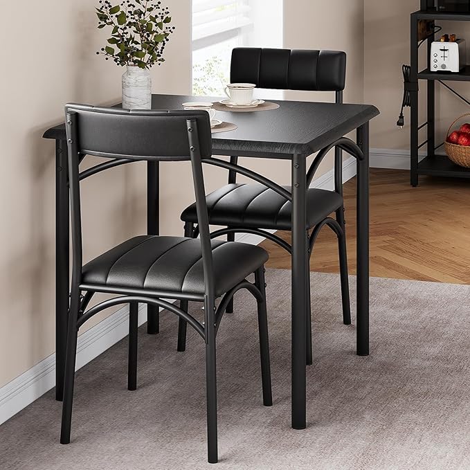 GAOMON Dining Table Set for 2, Kitchen Table with Upholstered Chairs for 2, Small Dining Room Table Set, Square Kitchen Table Set for Small Space, Apartment, Home, Studio, Rustic Black