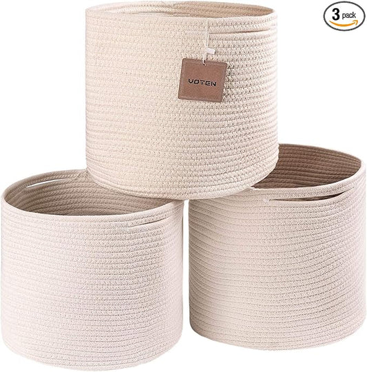 voten Storage Cubes Bins Organizer 11x11x11'' Fit 12x12''Cube Storage Bookcases Shelves,Durable Woven Cotton Basket for Organizing,Round 3Pack Off White