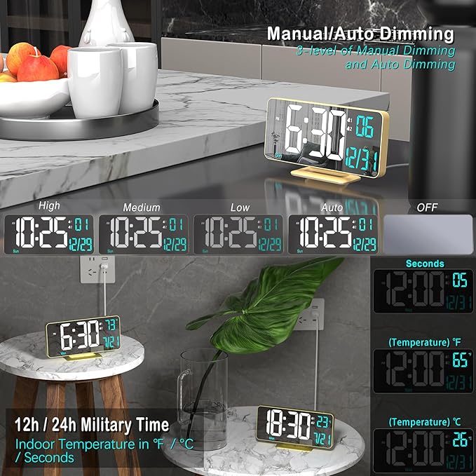 KOSUMOSU Dual Alarm Clock 6.7in Gold Desk Clock with Dimming, 12/24h, Seconds, Date, Day of Week, Temp, Digital LED Clock for Bedroom, Digital Calendar Clocks for Living Room Gold Desk Accessories