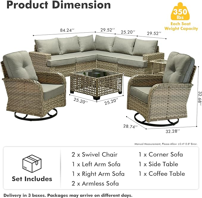 HOOOWOOO Outdoor Sectional Patio Furniture Set,9 Pieces Wicker Conversation Sets L Shaped Couch,Extra Deep Out Door Sofa Outside Furniture with Swivel Rocking Chairs,Charcoal Gray