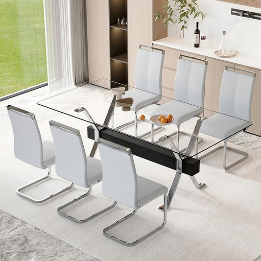 7 Piece Glass Dining Table Set, 79" Modern Dining Table Set for 6, 0.5" Thick Tempered Glass Tabletop with Silver Chrome Metal Legs and Black Crossbar, 6 PU Chairs for Dining Room, Kitchen