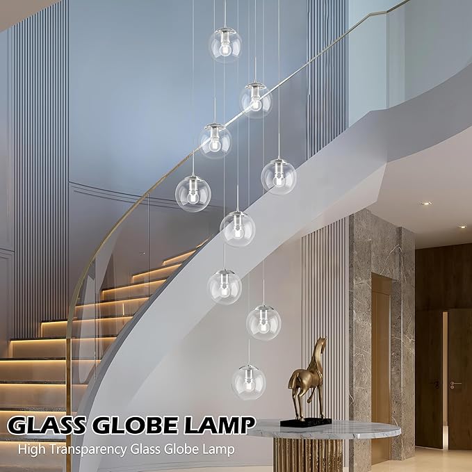 KoKo&Yukina 9-Light Globe Glass Pendant Light Adjustable Length Pendant Lights Fixtures Modern Nickel Clear Globe Glass Chandelier High Ceiling Lights Fixtures for Staircase (Bulb & Remote Incl.)