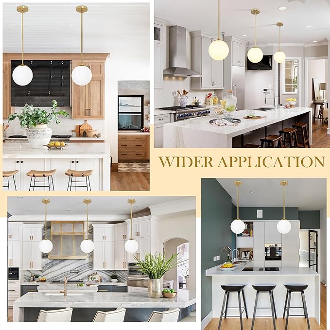 6" Globe Pendant Light Gold Mid Century Pendant Light Globe Pendant Lights Kitchen Island Brushed Brass Finished with Milk Glass Lampshade Adjustable Ceiling Light Fixtures for Kitchen