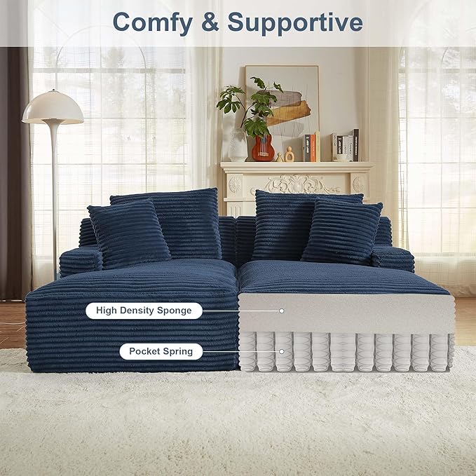 GNIXUU 78.8" Oversized Double Chaise Lounges Indoor, 2 Pieces Comfy Corduroy Chaise Lounge Chair Cloud Boneless Couch, Fluffy Upholstered Sleeper Loveseat Bed for Living Room Bedroom Reading(Blue)
