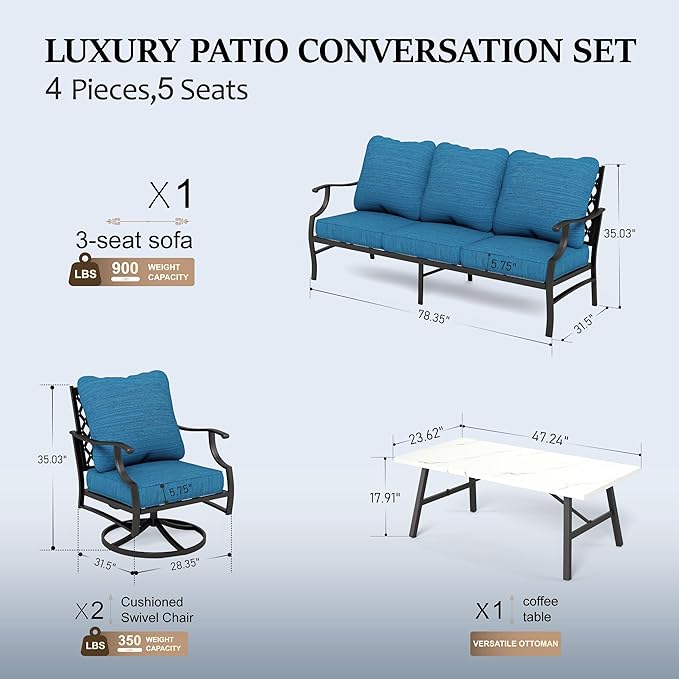 HERA'S HOUSE 4 Piece Patio Furniture Set, 2 x Swivel Cushioned Chair, 3-Seat Sofa with Marbling Coffee Table, All Weather Outdoor Conversation Set for Lawn Garden Backyard, Pacific Blue