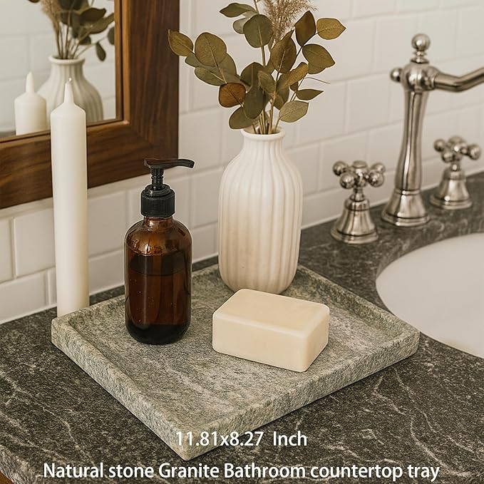 Large Stone Granite Vanity Tray 12 x 8 in - Rectangular Sand-Blasted Non-Slip Organizer with Grooved Edge, Vintage Catchall for Bathroom, Kitchen, Entryway & Bedroom (Imperial Green)