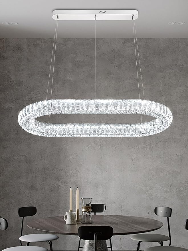 Oval Crystal Chandelier, 40'' Chrome Crystal Ring Pendant Light for Kitchen Island Modern Linear Oval Chandeliers for Dining Room Dimmable 3000K-6000K