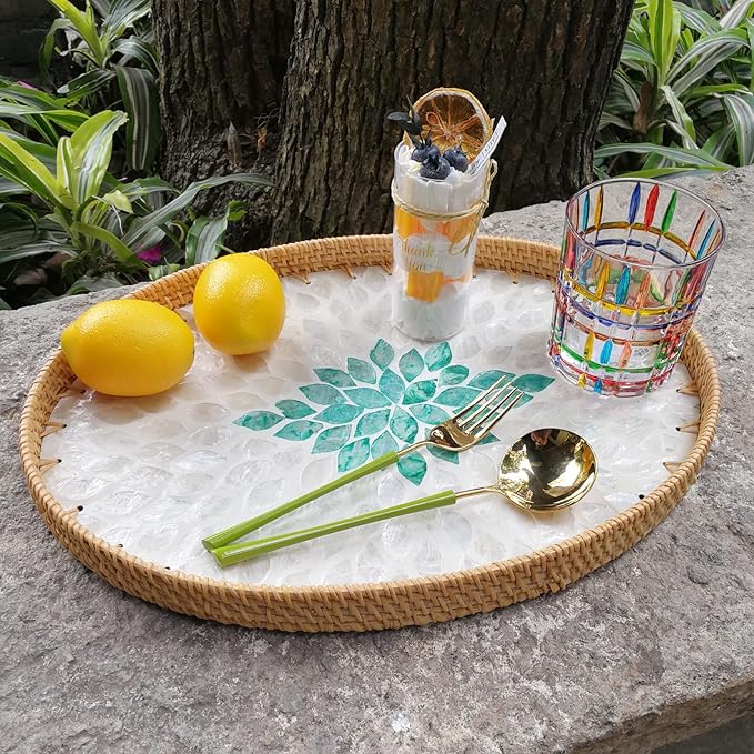 I-LAN 15 Inch Oval Rattan Woven Basket Tray with Beige Green MOP Wooden Base, Boho Wicker Coffee Table Serving Basket Décor with 1.2 Inch Wall, Handmade Display Basket for Countertop, L