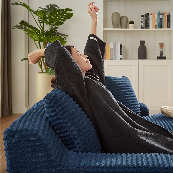 Oversized Double Chaise Lounge, Corduroy Boneless Couch, Modern Oversized Chaise Lounge, Upholstered Sleeper Sectional Sofa Daybed with Throw Pillows and Armrest for Living Room, Blue