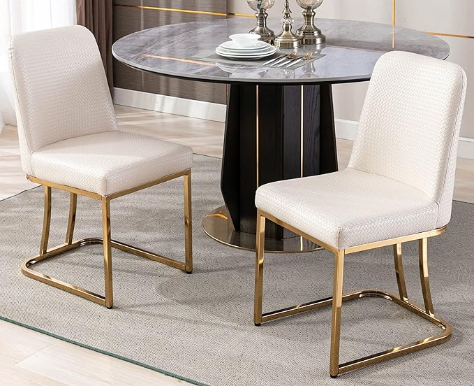 VESCASA Woven Faux Leather Upholstered Dining Chairs with Back, Mid Century Modern Chairs with Gold Metal Frame for Dining Room, Restaurant, Kitchen, Set of 2, Beige