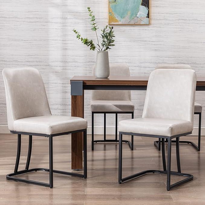 VESCASA Faux Leather Upholstered Dining Chairs with Back, Mid Century Modern Chairs with Black Metal Frame for Dining Room, Restaurant, Kitchen, Set of 2, Pebble Grey