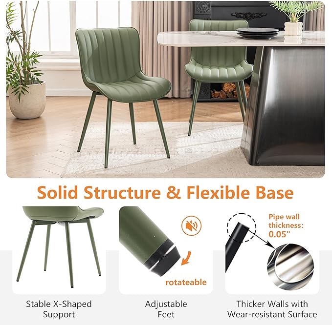 YOUNUOKE Mid-Century Modern Dining Chairs Set of 2, Green PU Leather Upholstered Kitchen Chairs with Green Metal Legs, Armless Accent Chair for Dining Room, Guest Reception Room