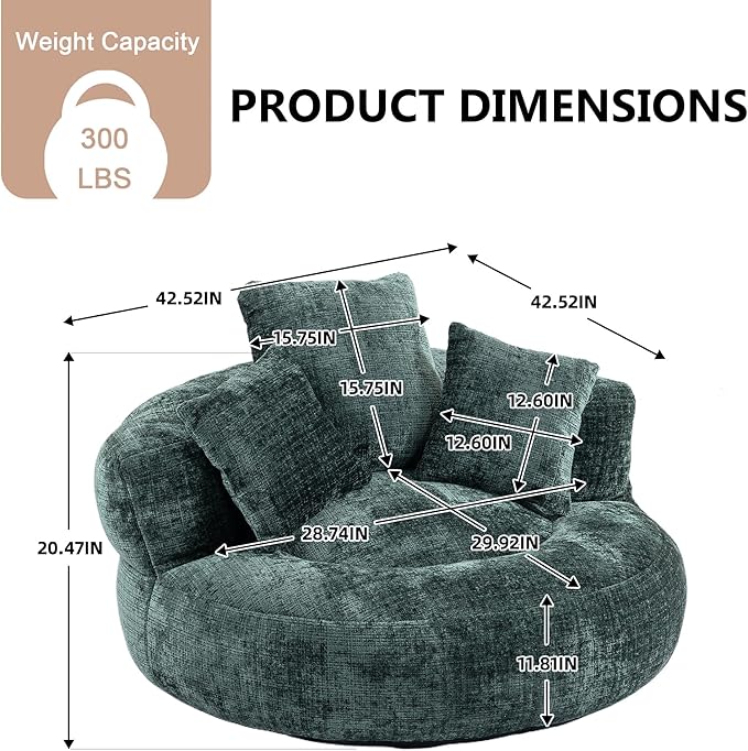 42'' Oversized Round Chair, Single Lounge Chaise Upholstered Sofa Bed with Deep Seat, Chenille Bean Bag Chiar with Pillows for Living Room, Bedroom, Apartment, Reading, No Assembly (Green)