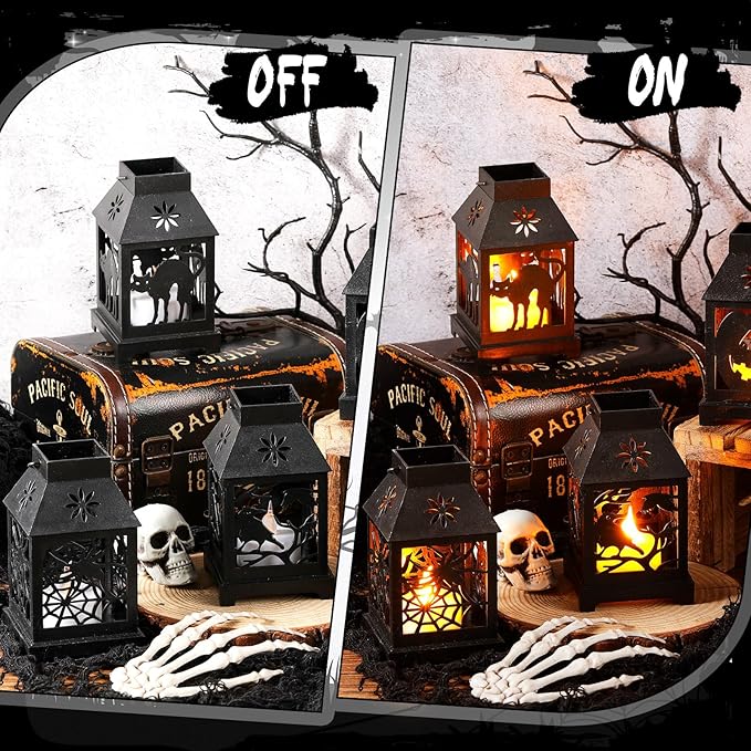 6 Pcs Halloween Mini Lantern with Flickering LED Candles 4.5 Inch Halloween Lantern Decoration Bulk Decorative Hanging Spooky Halloween Lanterns for Indoor Outdoor Party Halloween Decoration