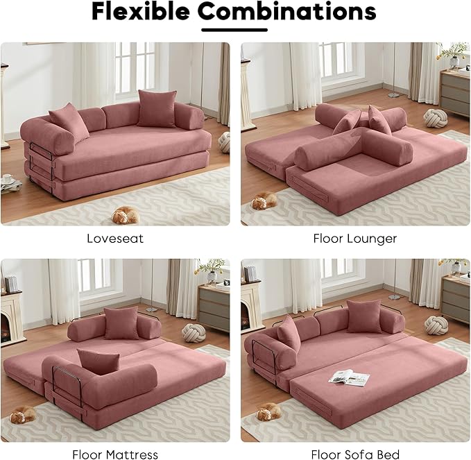 Convertible Sleeper Sofa Bed with Cylindrical Pillow, Corduroy Folding Boneless Couch with Fixed-Shape Frame, Floor Sofa Lounge Couch for Living Room Bedroom Lounge Studio-Pink