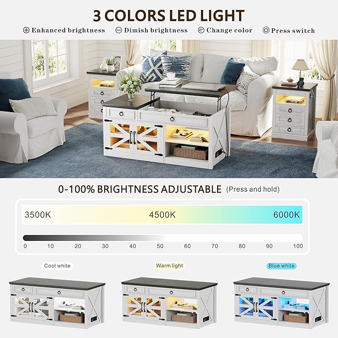 Lvifur 48" Farmhouse Lift Top Coffee Table with LED Lights & Charging Station, Living Room Center Table with 2 Hidden Storage Compartments, Lifting Tabletop and Adjustable Shelf (White)