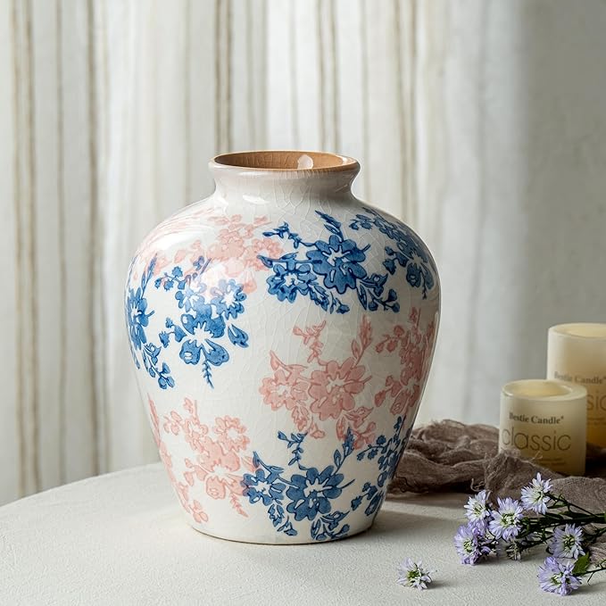 Pink Blue and White Vase, 8 Inch Vintage Chinoiserie Ceramic Vase, Rustic Flower Vases Decorative Antique Vases for Home Decor, Retro Ice Cracked Porcelain Farmhouse Table Centerpieces Decor