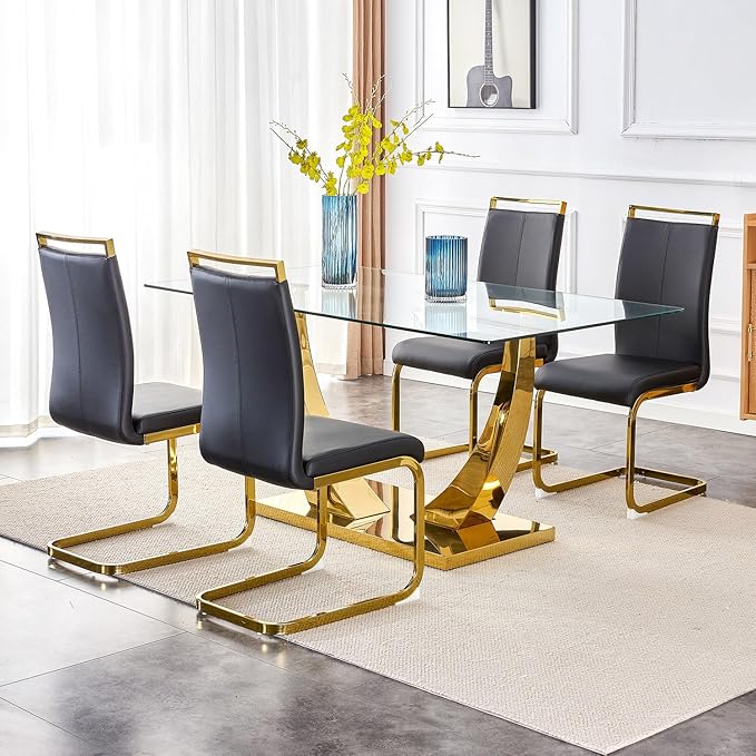 63” Glass Dining Table Set for 4,Gold Dining Room Table Set for 4,Modern Kitchen Table and PU Leather Chairs for 4, Dinner Table with Rectangle Tempered Glass Top and Golden Base