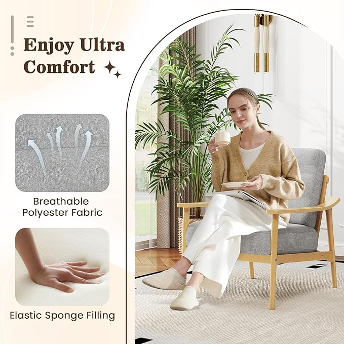 Giantex Mid Century Modern Accent Chair Set of 2, Max Load 440 LBS Upholstered Living Room Chair w/Rubber Wood Armrests & Legs, Removable Back Cushion, Comfy Reading Arm Chair for Bedroom