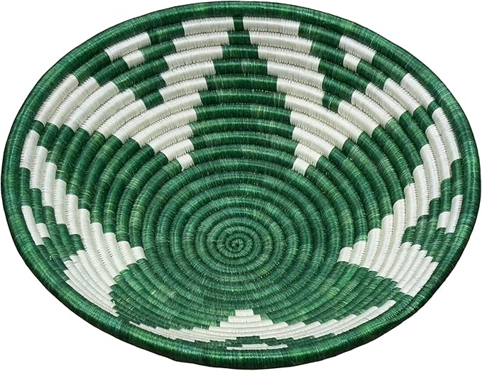 Handwoven African Basket Handmade sisal Fruit Bowl Wall Hanging decorative Baskets for Home Living Room Kitchen Centerpiece Zen Designs Arts and Crafts (Forest Green White, 8in diameter)